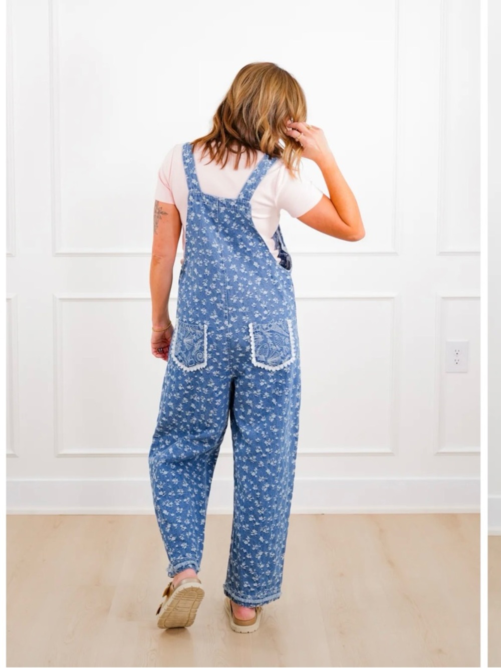 DAVI & DANI Blue Floral Denim Overalls with Lace Trim - Picture 2 of 2